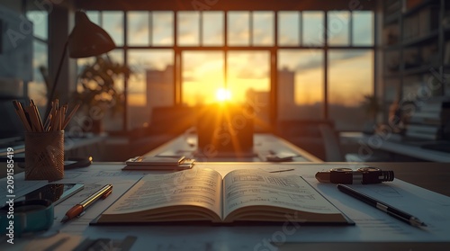 Inspirational Creative Workspace with Innovation Sketches and Golden Sunrise