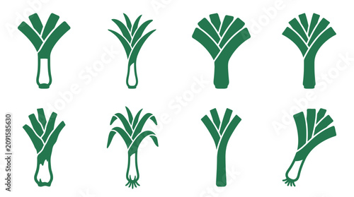 Foto Green leek and scallion vegetable icon set collection.