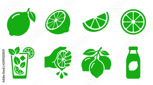Bild auf Leinwand Green lime icons with juice and squeezing hand.