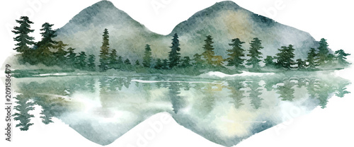 Watercolor pine forest and misty mountains reflected in lake