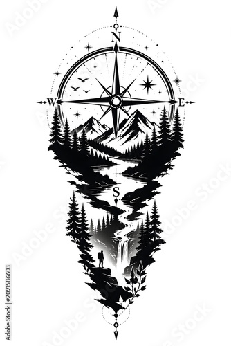 Black and white compass tattoo design with pine trees and mountain landscape in minimalist line art style