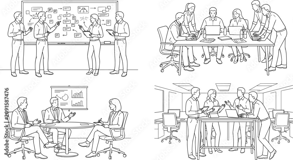 Obraz premium Business Meeting Outline Vector Set with Team Collaboration and Corporate Office Line Art
