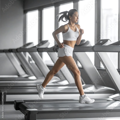 A woman in athletic wear runs on a treadmill in a well-lit gym, other treadmills are behind her