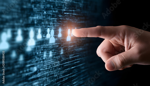 A hand activates a glowing user icon on a sleek digital interface, where a blue data stream flows. The finger then touches the screen to choose a profile for accessing an account or logging into the s