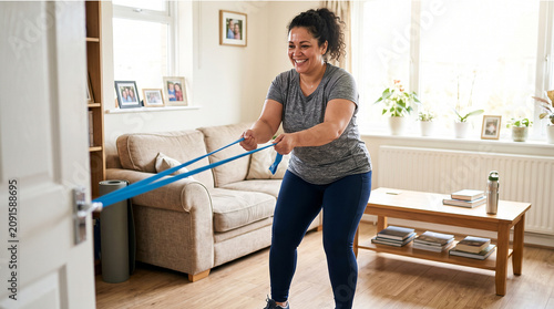 Smiling woman exercising with resistance band at home in living room