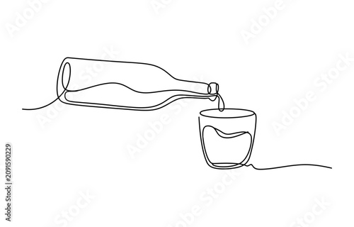 Continuous one line drawing of a glass bottle pouring water into a drinking glass