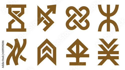 Fotografía Ancient gold rune and geometric symbol set.