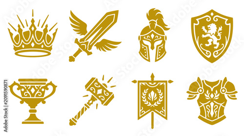 Obraz na płótnie Gold medieval knight gear and royal weaponry icons set.