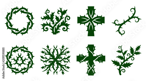 Tableau sur toile Green thorny vines and gothic cross icons.