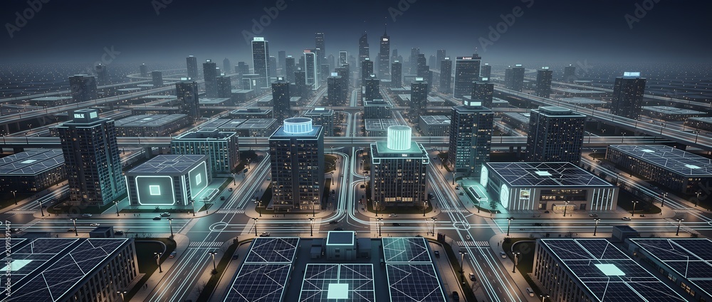 Naklejka premium Cityscape at night showcases glowing skyscraper windows and illuminated street grids that create a vibrant pattern of urban infrastructure across the sprawling metropolitan architecture.