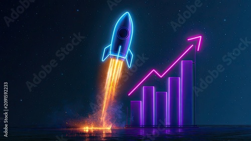 Neon rocket blasts off with glowing upward-trending graph against dark sky