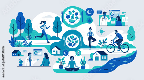 Fotografie Healthy lifestyle concept with wellness icons and fitness activities