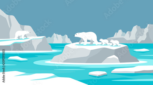 Canvastavla Polar bear family on arctic ice floes at sea.