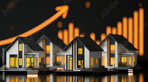 Miniature modern houses with glowing windows against rising chart