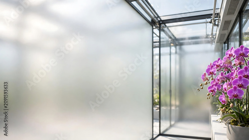 Elegant modern conservatory interior featuring frosted glass walls and blooming purple orchids as a bright minimalist background