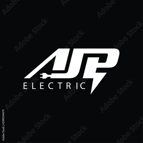 AJP Electric Logo with Power Plug and Lightning Bolt Monochrome Vector Design