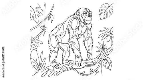 Tableau sur toile Chimpanzee in Jungle Line Art - Monkey Primate Animal Sketch