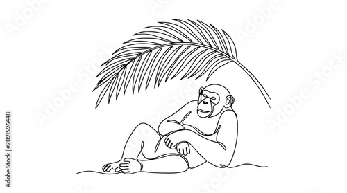 Photography Chimpanzee Relaxing Under Palm Leaf Line Art