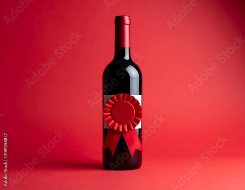 A wine bottle sits against a red backdrop, adorned with a red ribbon. The bottle's label is white, and the dark glass contrasts well