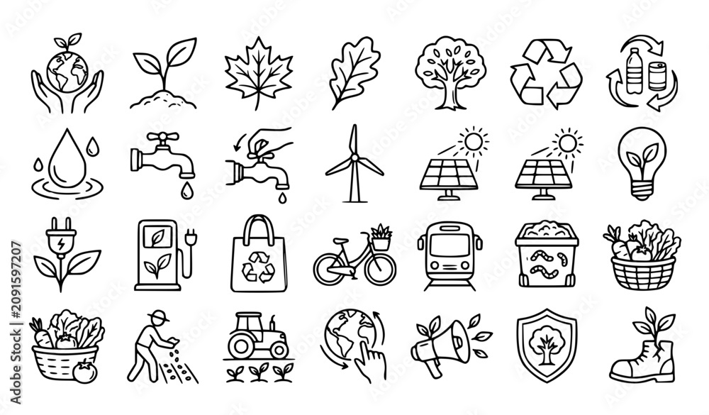 Fototapeta premium Environmental Care and Sustainability Hand Drawn Line Icon Set with Eco Growth Symbols