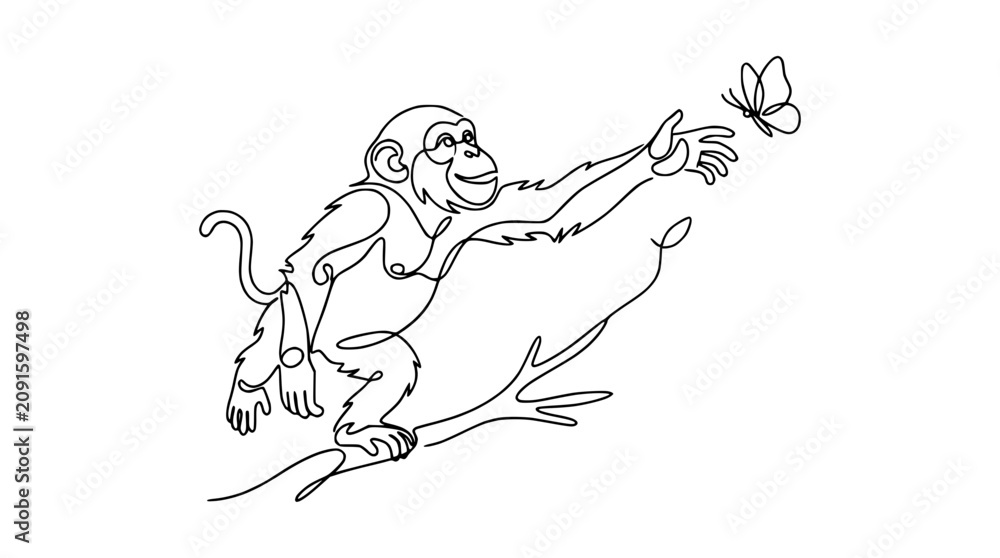 Obraz premium Chimpanzee reaching for butterfly in continuous line art style