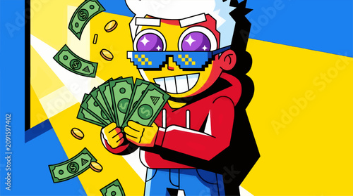 Canvastavla Flat Design Character Holding Fan of Money, Falling Dollar Bills and Coins, Pixe