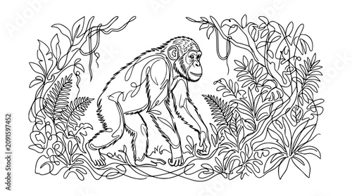 Photography Chimpanzee in Jungle Line Art Drawing - Minimalist Nature Sketch