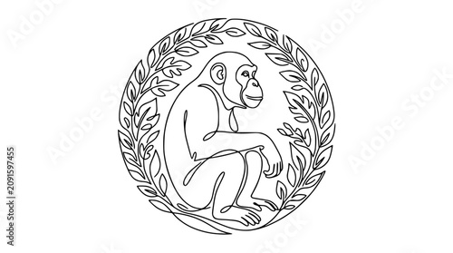 Canvas Print Chimpanzee Sitting Inside Laurel Wreath Circle Line Art