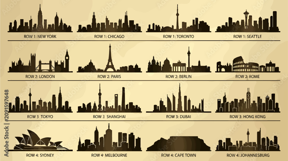 Obraz premium Global City Skylines Collection in Dark Bronze Silhouettes on Pale Gold Textured Background, Featuring New York, London, Paris, Tokyo, Sydney, and more iconic landmarks, Vector Illustration