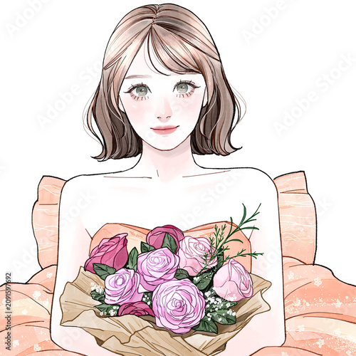 ドレスを着て花束を持っている女性_ショート