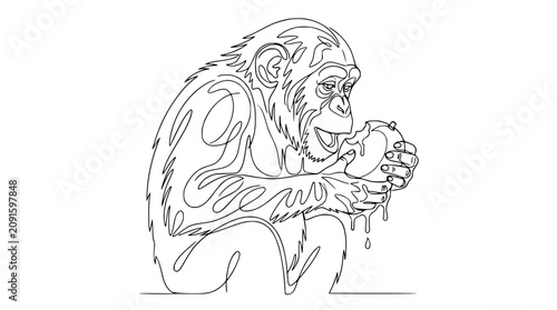 Photography Chimpanzee Eating Coconut Line Art Illustration