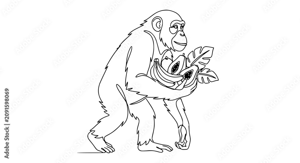 Obraz premium Chimpanzee Holding Bananas and Leaves in One Line Drawing Style