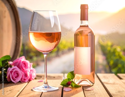 A wine glass and bottle sit on a wood table, with pink roses. A barrel and scenic vineyard is in the background