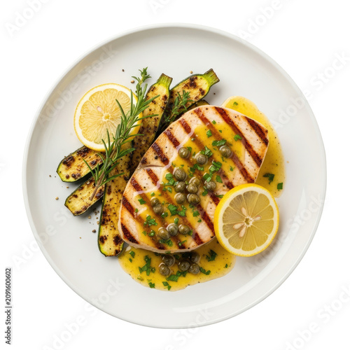 Grilled Swordfish Steak with Lemon Zucchini and Rosemary on a White Plate with Transparent Background