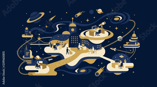 Tableau sur toile Space colony station with floating modules and planets.