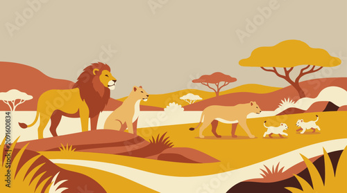 Lion family pride in stylized savanna landscape