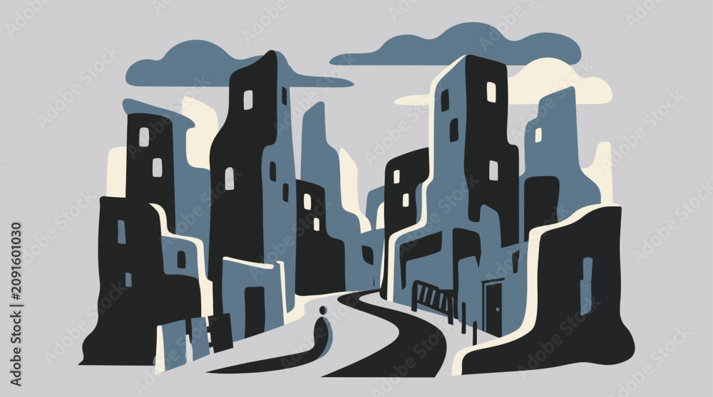 Obraz premium Monochrome urban cityscape with buildings and winding road.