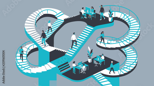 Infinite spiral staircases with office workers at desks.