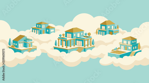 Canvastavla Greek villas floating among white clouds.