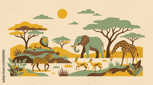 Group of African animals in stylized savanna habitat