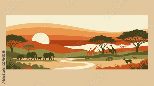 African savanna sunset landscape with diverse wildlife