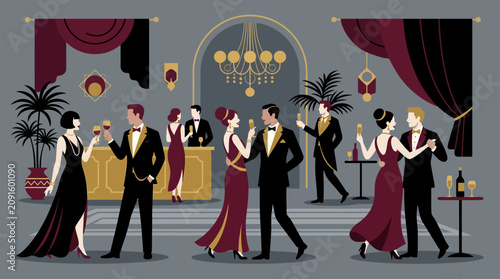 Elegant formal ballroom party with people in evening wear