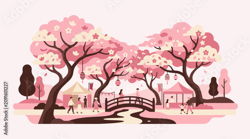Night cherry blossom park with river bridge and lanterns.