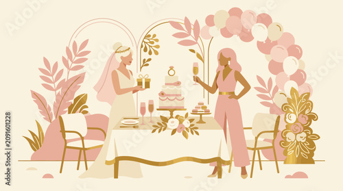 Bride and friend celebrating with cake and champagne.