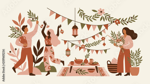 Outdoor boho picnic celebration with bunting and flowers