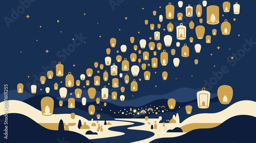 Glowing sky lantern festival over night river landscape.