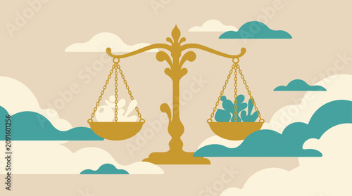 Golden scales of justice balancing people in clouds.