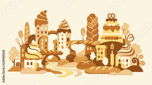 Canvastavla Warm bakery village composed of various bread and pastries.