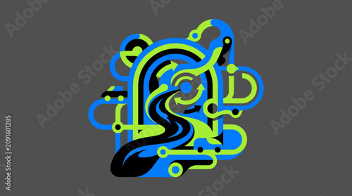 Abstract colorful circuit path with car icons.