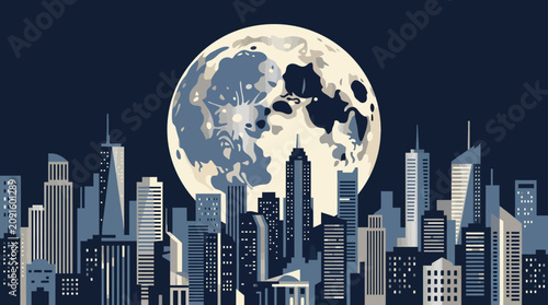 City skyline silhouette with a large detailed moon.